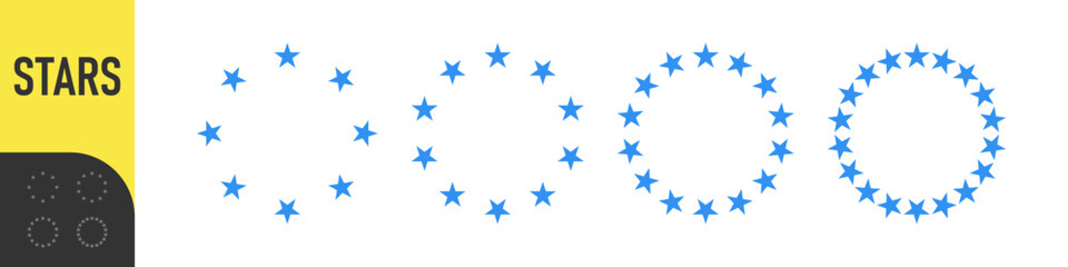 Circular star patterns for badges, emblems, logos. Black, blue, red, green, yellow stars