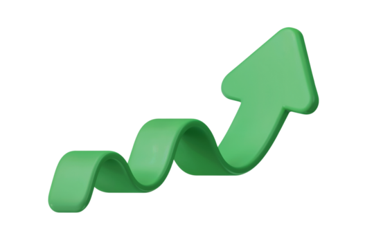 3d illustration  Green upward arrow representing growth and progress. Isolated on transparent background, png