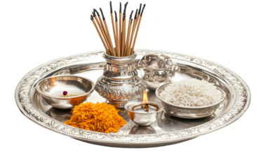 Decorative silver thali with burning diyas and fragrant incense reflecting peace culture and divine energy isolated on transparent background PNG