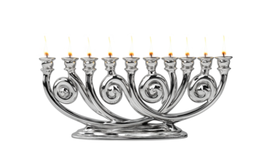 Beautifully crafted silver menorah featuring artistic curves symbolizing faith and cultural heritage isolated on transparent background PNG