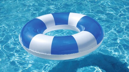 A blue and white striped inner tube floats serenely in a shimmering pool on a sunny afternoon inviting relaxation.