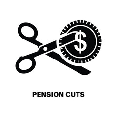 Pension cuts concept with a pair of scissors cutting a dollar coin