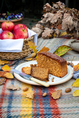 A plate of Parkin, which is a ginger cake made in autumn in Great Britain. Served outdoors with autumn leaves and freshly picked red apples