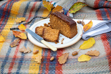 A plate of Parkin, which is a ginger cake made in autumn in Great Britain. Served outdoors with autumn leaves 