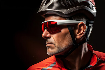 Cyclist in profile wearing helmet and sunglasses during evening training session indoors