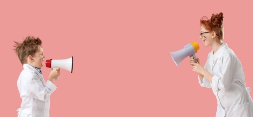 Funny inventors with burnt faces shouting into megaphones on pink background with space for text