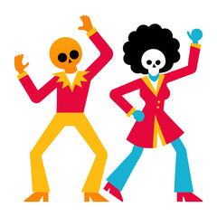 Disco skeletons dancing in colorful retro outfits