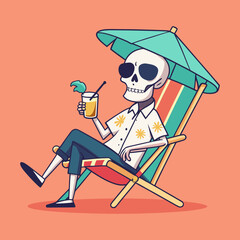A cartoon Skeleton relaxing on beach chair with tropical drink under umbrella