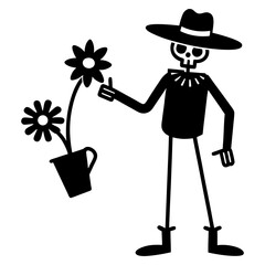 vector black  sillhouette of Skeleton gardener tending to a flower