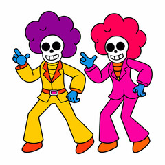 Two cartoon skeletons with afro wigs and bell-bottom suits are dancing