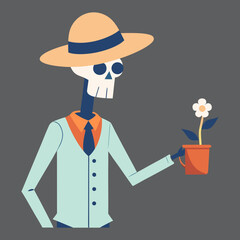 Skeleton in a hat and suit holding a potted flower