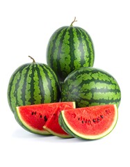 Fresh Watermelon Still Life - Sliced and Whole Fruits on White Background.