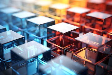 Colorful transparent cubes create an abstract pattern in a vibrant display of blue and orange hues in a modern design setting