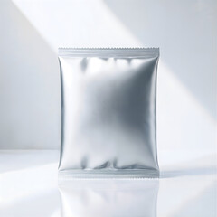A blank silver foil pouch with a heat sealed top and bottom standing upright on a reflective white surface, isolated on white background