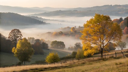 Autumn valley wrapped in fog, golden trees glowing in soft light, calm and painterly atmosphere