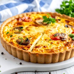 Savory quiche with tomatoes, mushrooms, and parsley