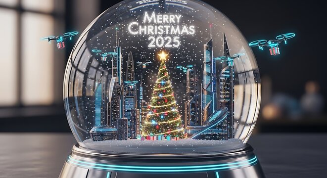 Merry christmas snow globe christmas tree futuristic city drones delivering gifts holiday season