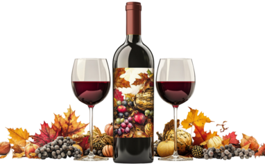 Fall themed wine bottle with Thanksgiving label near autumn leaves symbolizing warmth and celebration isolated on transparent background PNG