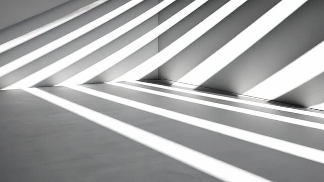 Parallel lines of light and shadow move on white walls and floor