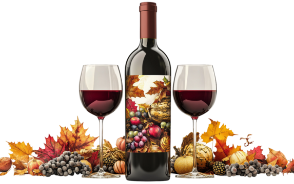 Fall themed wine bottle with Thanksgiving label near autumn leaves symbolizing warmth and celebration isolated on transparent background PNG