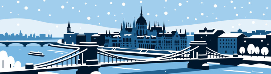 Obraz premium Winter cityscape illustration with snowflakes and bridge