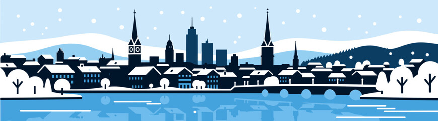 Fototapeta premium Winter cityscape illustration with snow and blue color