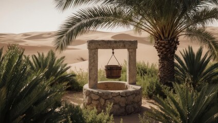 Fototapeta premium Stone well with a bucket hangs under a structure, framed by plants and a desert landscape