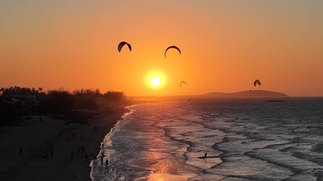 Aerial view of sunset at Pre&aacute; Beach, a kitesurf point near Jericoacoara Village - Cruz, Cear&aacute;, Brazil