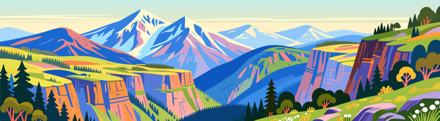 Colorful landscape illustration with mountains
