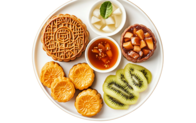 Family dinner plate featuring mooncake with lotus seed filling symbolizing Mid Autumn Festival tradition isolated on transparent background PNG