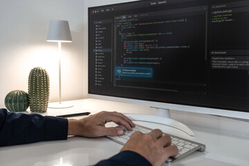 Developer utilizing AI autocomplete and an AI assistant on a monitor for efficient coding and software development