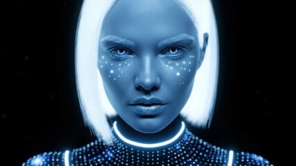 Futuristic cyberpunk woman with glowing features and neon dots in dark setting - Powered by Adobe