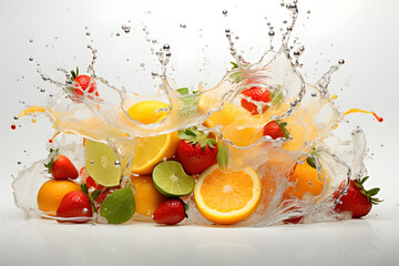 Fresh fruits and vegetables create a vibrant splash while being washed in clean water