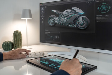 Designer interacting with AI-assisted generative design software, creating futuristic motorcycle models on screen and tablet