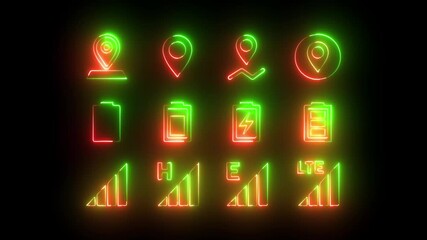 Glowing Icon Set: A vibrant set of neon-lit icons, ideal for digital interface design, showcases essential functionalities: location markers, document symbols, energy indicators. - Powered by Adobe