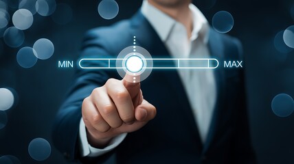 Businessman adjusting slider control from minimum to maximum for optimization concept