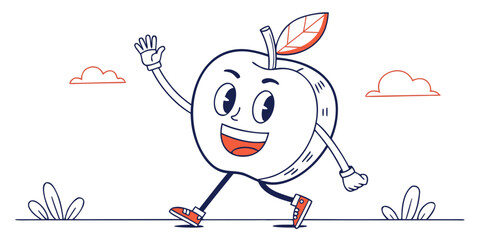 Smiling apple waving hello, cute flat vector minimal illustration