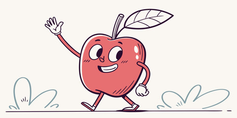 Cheerful apple waving hello, playful cute flat vector design