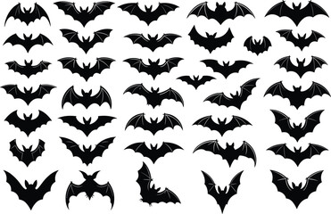 Bat silhouette collection, flying bat icons, Halloween vector set, spooky wing shapes, abstract bat designs, graphic illustration, eerie theme, black style