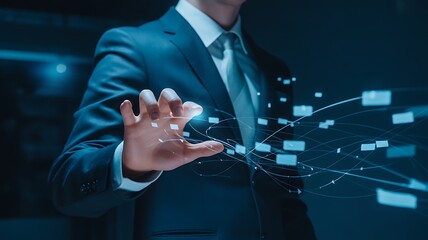 Businessman interacting with digital data network technology interface concept design art 3d render