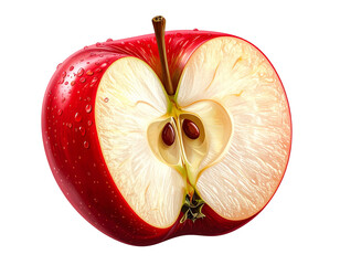 Red apple half cut with realistic shine, transparent background