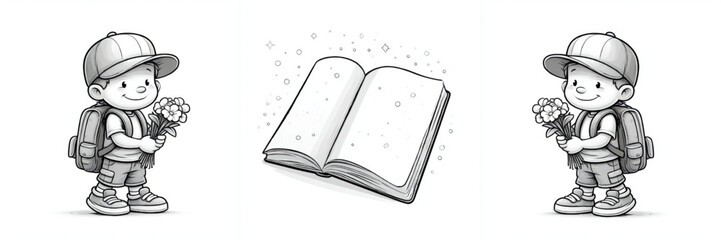 Cheerful cartoon schoolboys with blossoms and an open journal, in monochrome tones, symbolizing education and gratitude