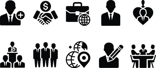 Business icon set, teamwork, global business, employee care, meeting, presentation, financial deal, professional vector symbols, black icons, white background