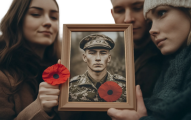 Family holding framed portrait of fallen soldier with pride and emotion symbolizing remembrance and honor isolated on transparent background PNG