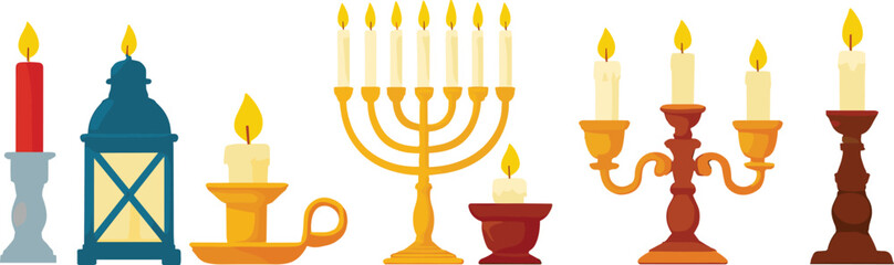 Candle holder collection, menorah with lit candles, festive lighting, cultural diversity, vector illustration, holiday decor, warm glow, elegant design