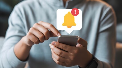 Alert notification concept. Mobile error or problem, Reminder, Push Notifications. Person using smartphone with bell notification icon on virtual screen.