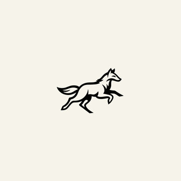 A minimalist graphic illustration of a canine, stylized as a running animal with sharp features