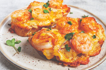 sandwiches with shrimp and cheese, baked in the oven, with microgreens, breakfast, homemade, no people,
