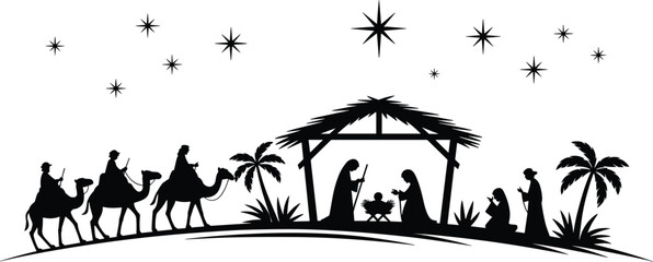 Nativity silhouette vector, moonlit Christmas scene, holy family in stable, Three Wise Men on camels, Bethlehem star design, stock graphic asset © MDABDULLAHAL