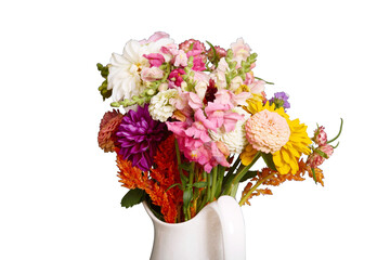 Mixed bouquet in white pitcher, isolated PNG, silo
